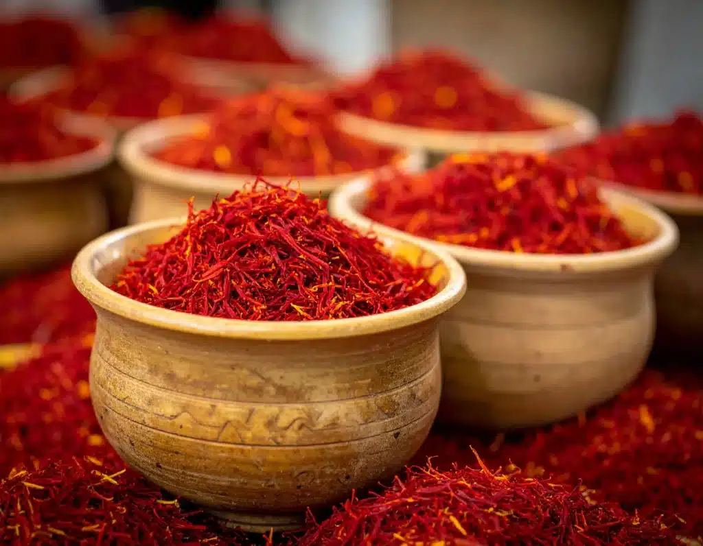 Premium Persian saffron threads ready for export in 2025, showing deep red color and high quality